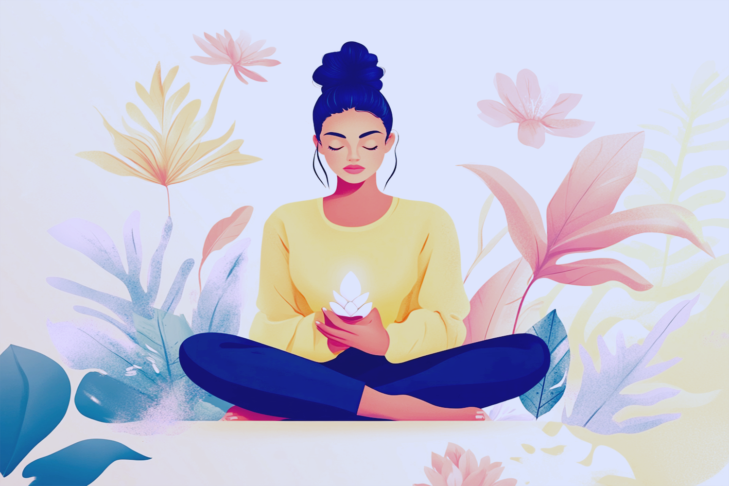 Illustration of a serene young woman sitting cross-legged amidst soft, nature-inspired floral elements. She holds a glowing lotus-like object in her hands, symbolizing mindfulness, self-care, and connection to nature