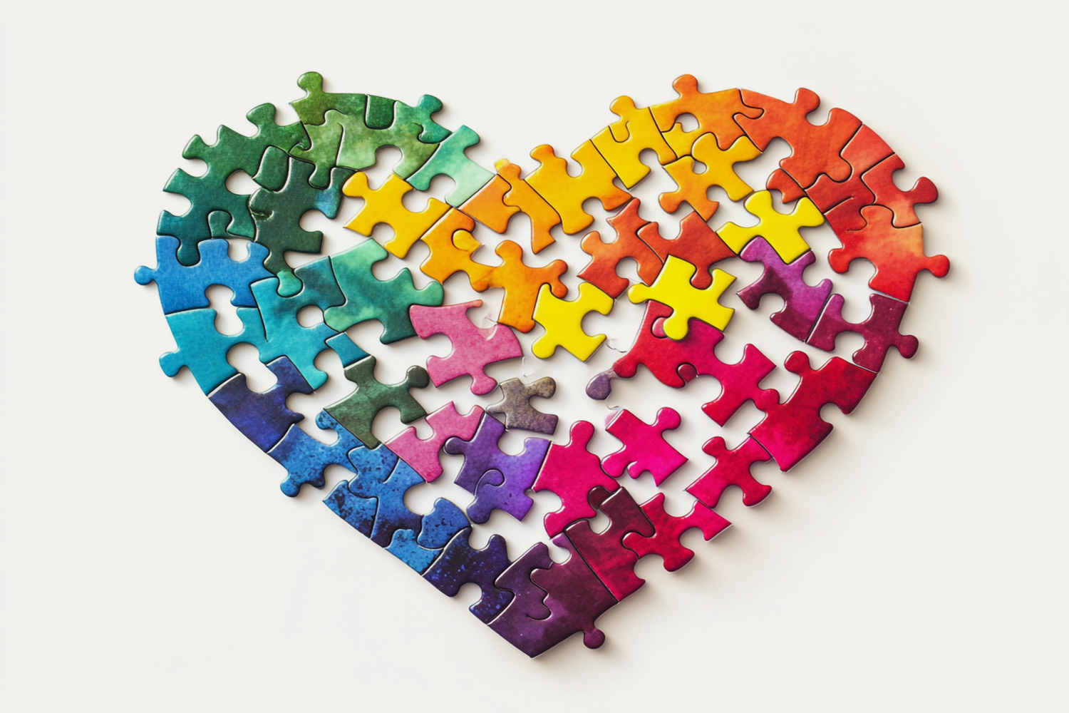 Heart-shaped puzzle with vibrant, multicolored pieces symbolizing the interconnectedness of inclusive self-care. Represents diversity, emotional well-being, and creating balance through personal growth and mindfulness.